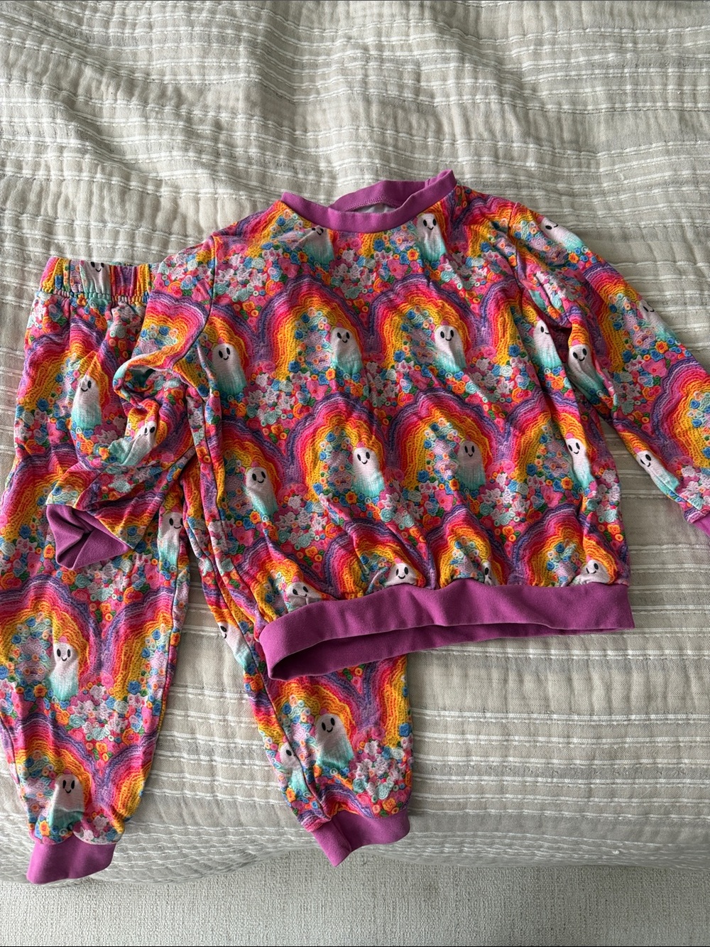 Kids Rainbow Ghost Print Pajama Set - Purple Trim